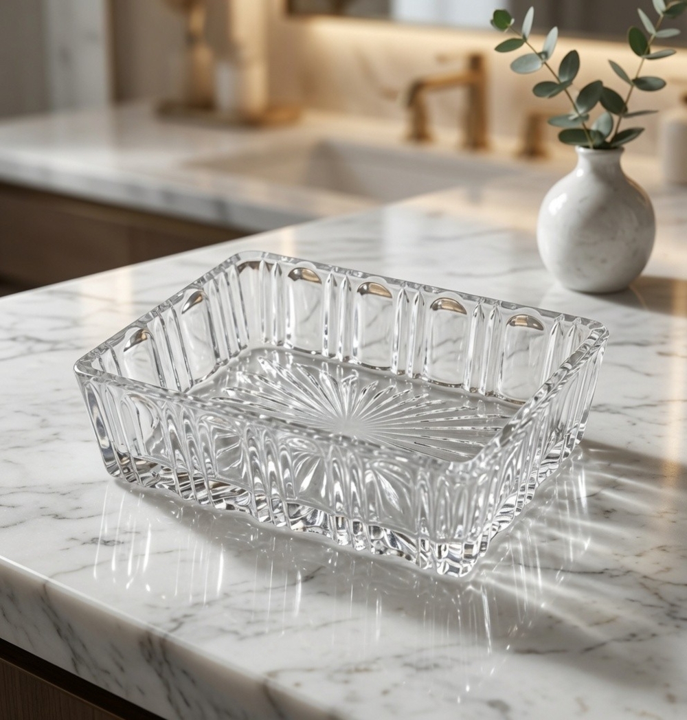Vintage Pressed Glass Rectangular Trinket Dish Starburst Sawtooth Rim EXC